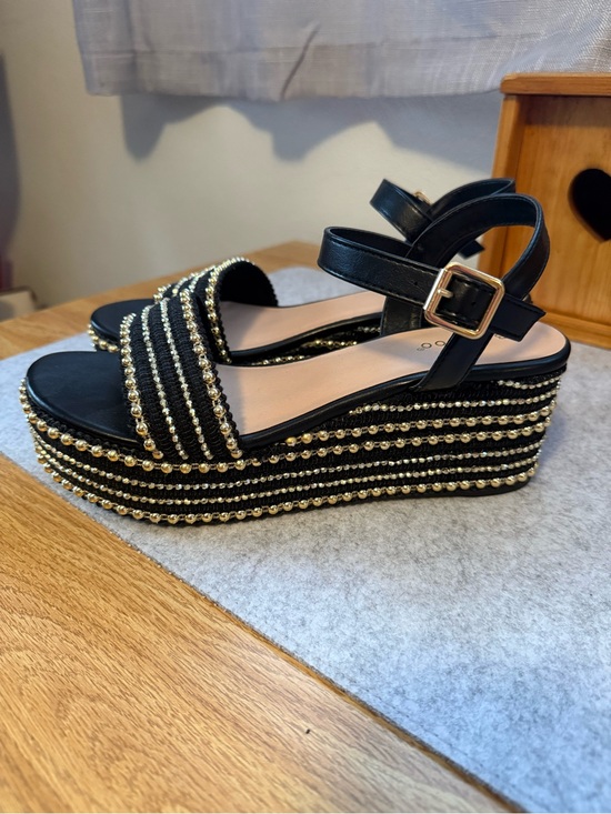 BAMBOO Shoes - BAMBOO Black Platform Sandals with Gold Bead Accents